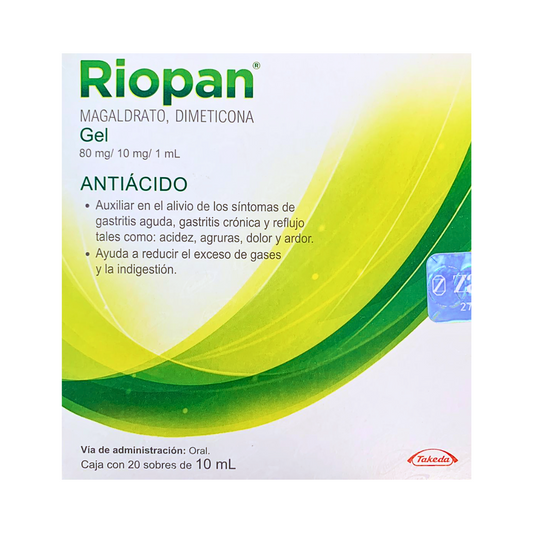 RIOPAN MAGALDRATO, DIMETICONA GEL 80 MG / 10 MG / 1 ML  CAJA CON 20 SOBRES DE 10 ML