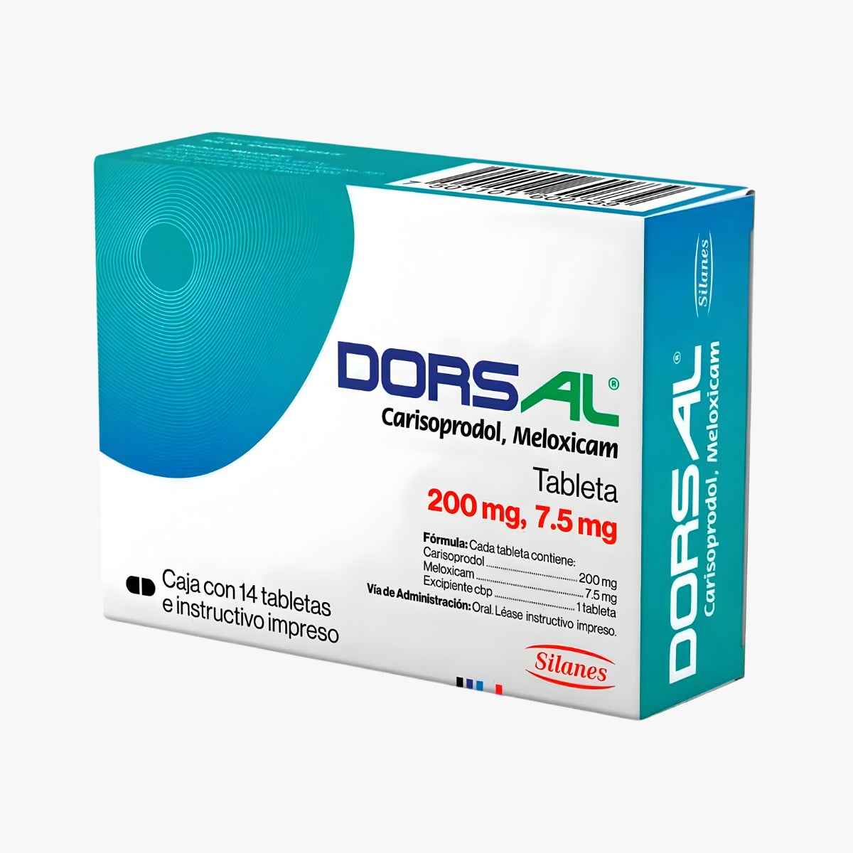 DORSAL. CARISOPRODOL 200 MG/ MELOXICAM 7.5 MG. 14 TABLETAS